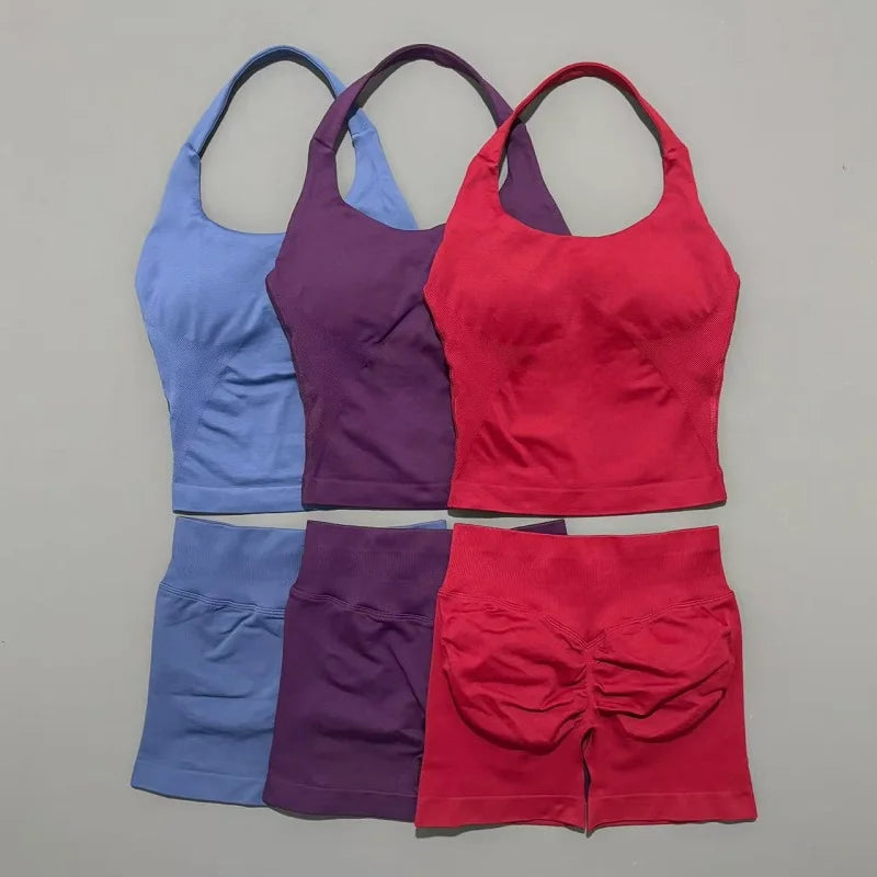 2 Pieces Sports Set Women Backless Halter Tops High Waist Seamless Hight Stretch Shorts Gym Suit Sportswear Workout Sets