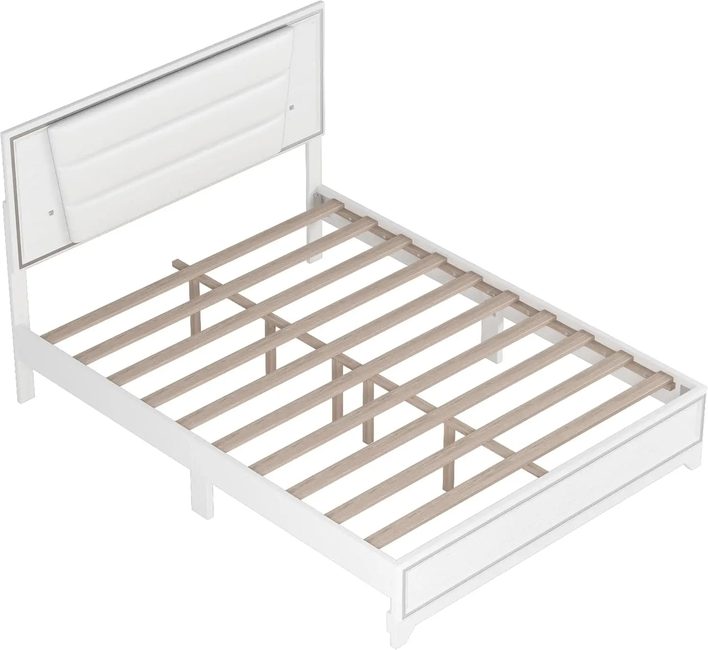 3-teiliges Schlafzimmerset Queen-Size Polsterbett mit LED-Beleuchtung, Nachttischen, 3-teiliges Schlafzimmermöbel-Set aus Holz, Weiß