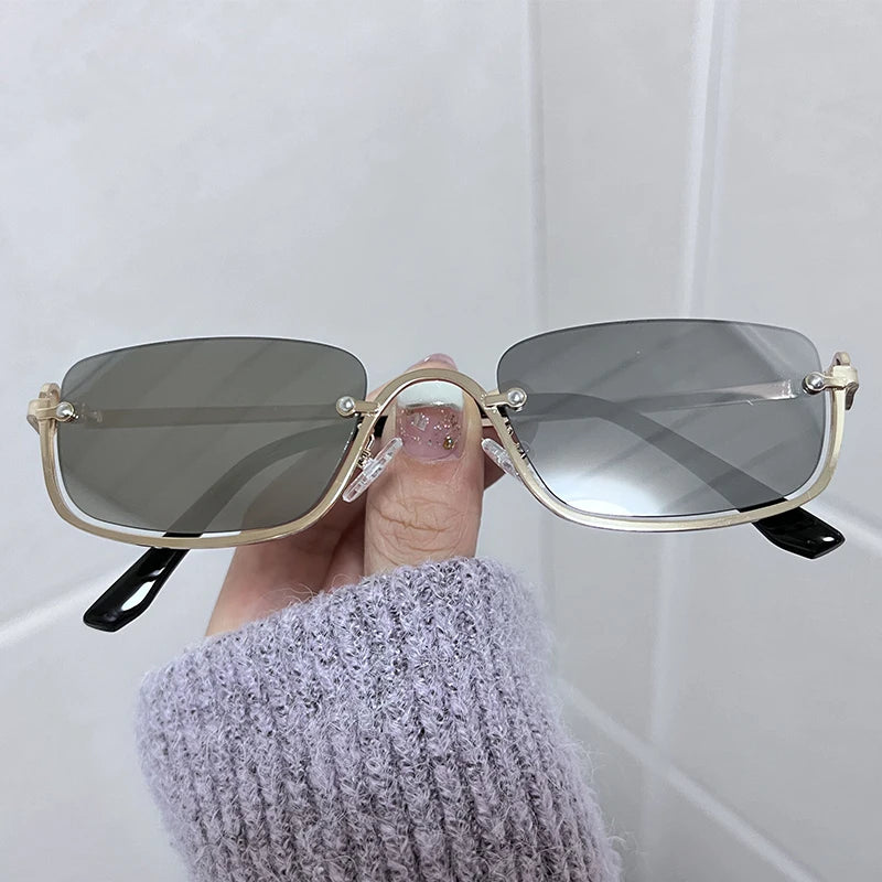 Halbrahmen Eckige Sonnenbrille für Damen Luxusmarke Kleine Metall Retro Rechteckige Schwarze Sonnenbrille Damen Mode Brille