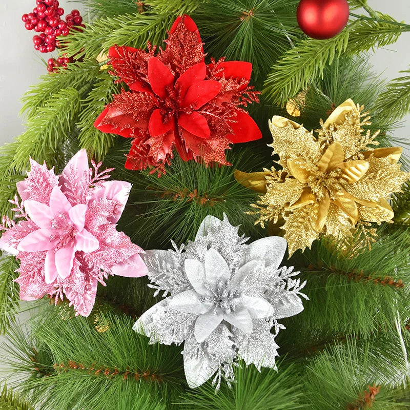 3/10Stück 14cm Weihnachtsblumen Glitzer Rot Gold Blütenkopf Weihnachtsbaumschmuck Neujahrsdekorationen für Zuhause Navidad Noel Geschenke