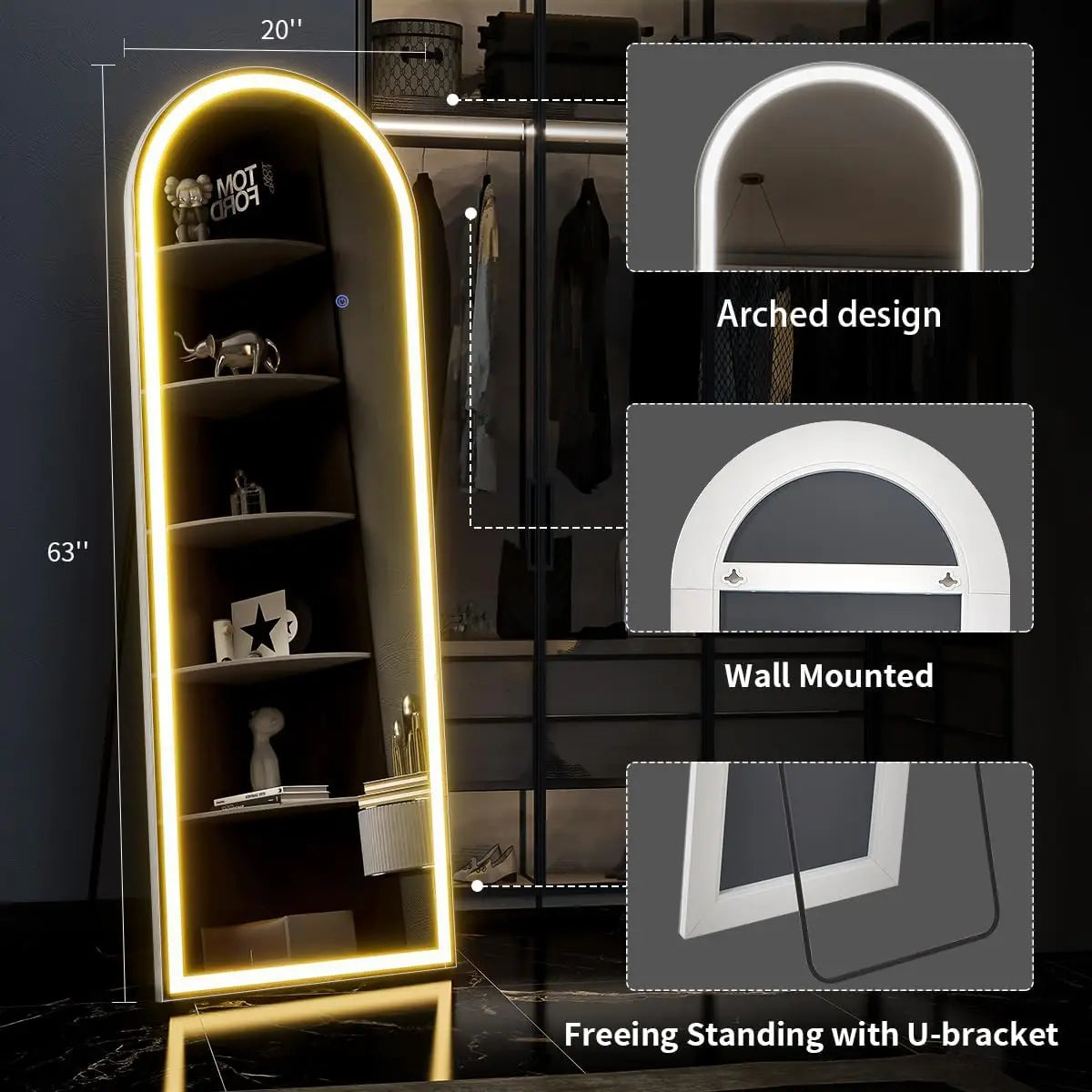 63"x20" Arched Full Length Mirror with Lights,LED Mirror Full Length,Lighted Floor Mirror with Stand,Full Body Mirror