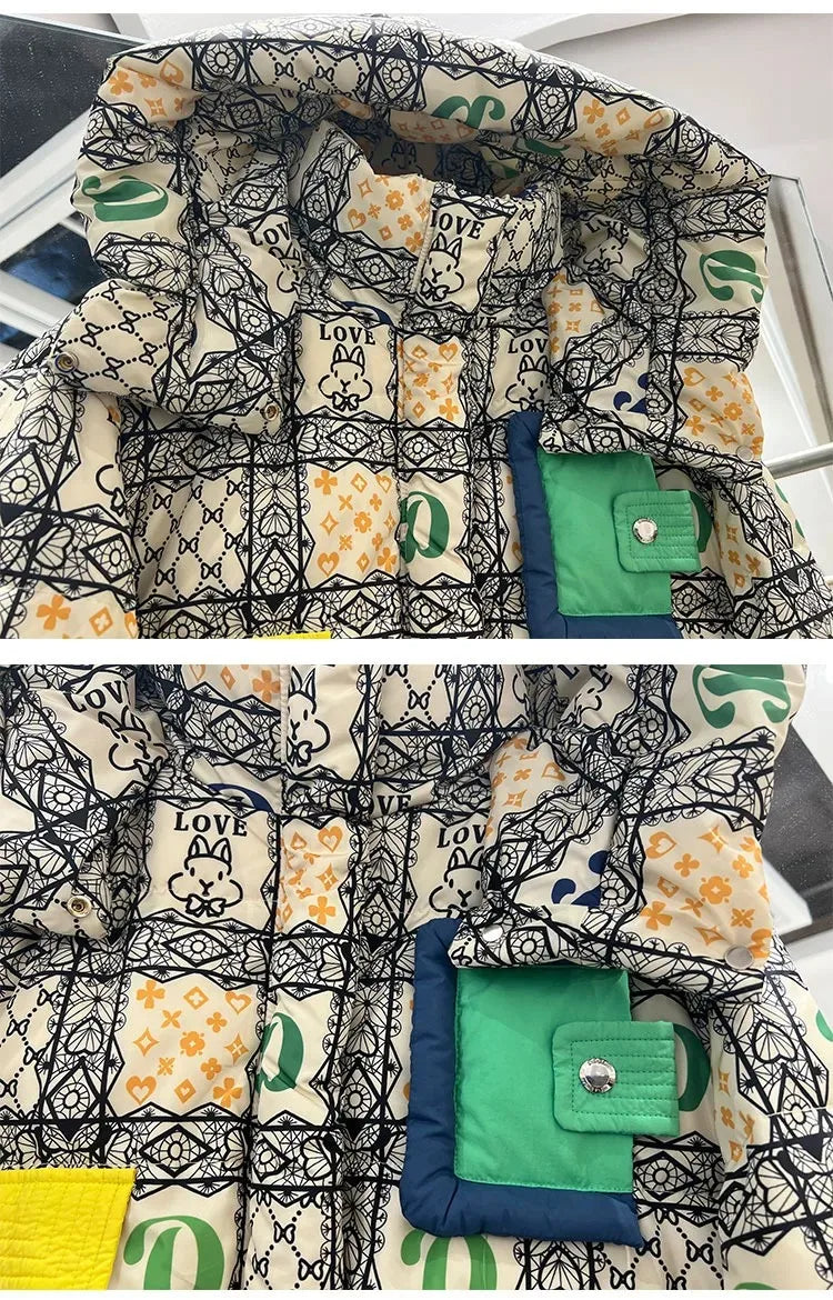 2023 Europäische Station Winter Neue Daunenjacke Damen Warm Mode Kurze Farb-Patchwork Graffiti dicke Weiße Entendaunenjacke