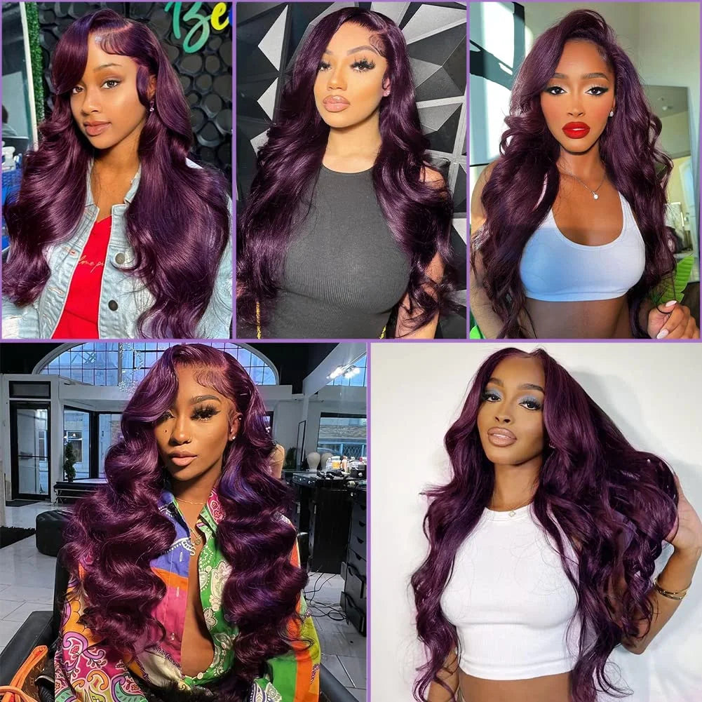 Dark Purple Body Wave Lace Front Wigs Synthetic Deep Burgundy 13x4 Lace Front Wigs Grape Purple Glueless Wigs 180% Density Women