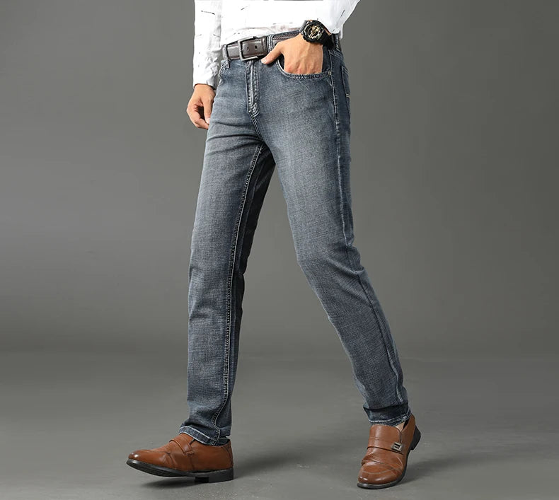 Wthinlee Neue Business Herren Jeans Casual Gerade Stretch Mode Klassische Blau Schwarz Arbeit Denim Hosen Männliche Marke Kleidung