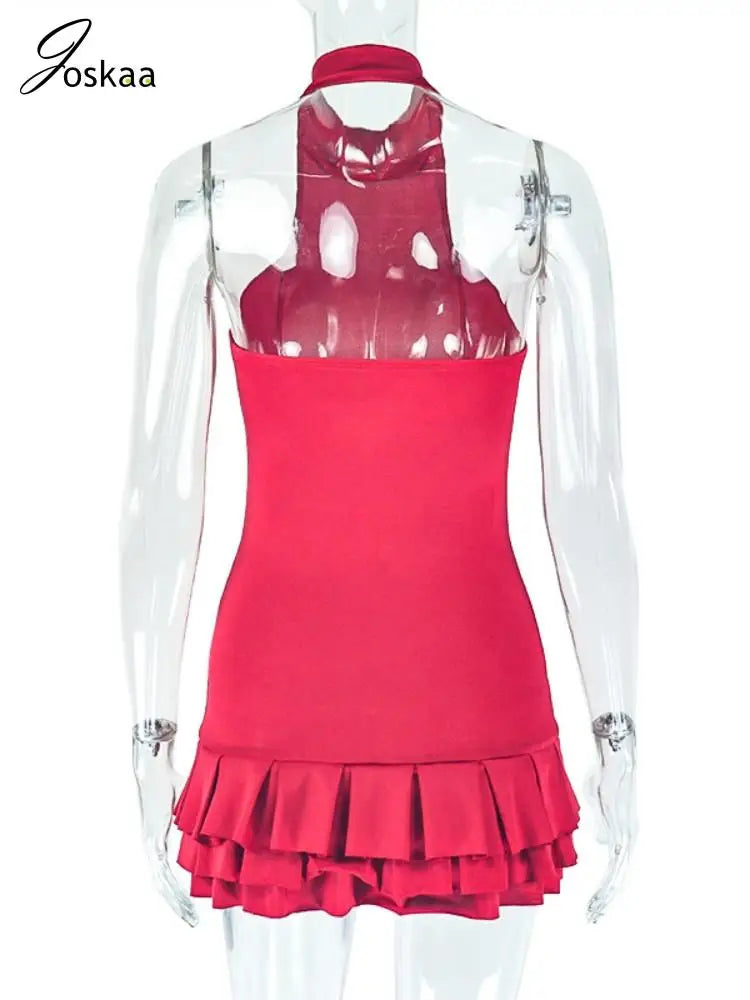 Joskaa Elegant Red Mini Tiered Dress Women Hipster Sexy Halter Backless Skinny Vestidos 2025 Summer Clubwear Vacation Beachwear