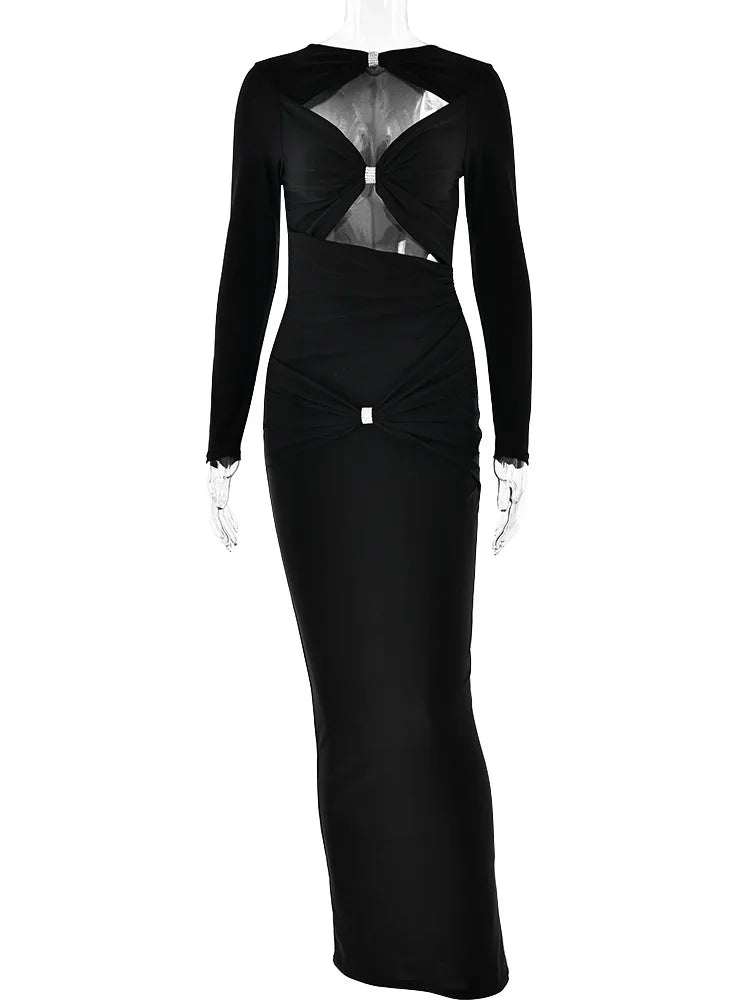 Articat Sexy Hohl Saum Langarm Elastisches Enges Kleid Damen Falten Doppellagig Weibliche Vestidos Elegantes Party Abendkleid