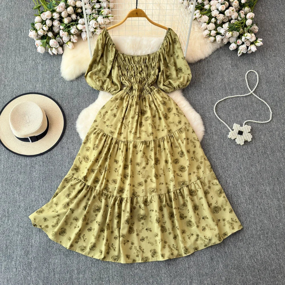 2024 Neues Sommer Blumenmuster Maxikleid Damen Vintage Eckiger Ausschnitt Geraffte Brust Schärpe Bandage Sommerkleid Partykleid