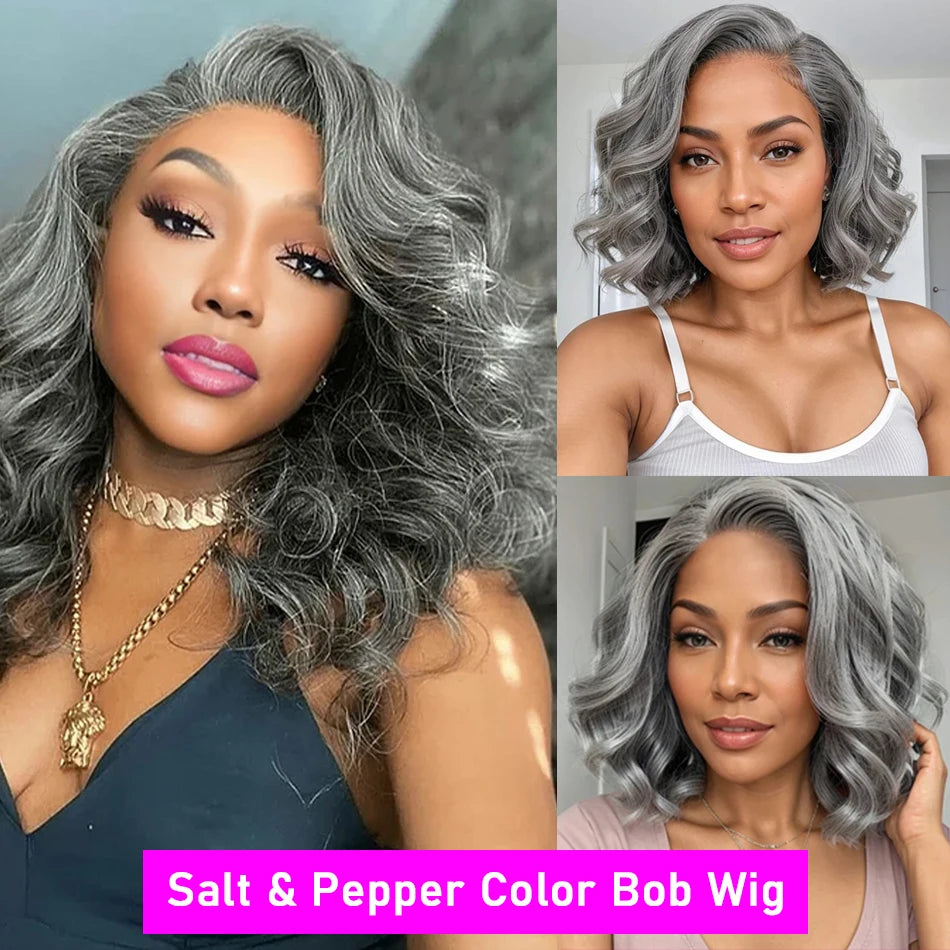 Bob Perücke Salz- und Pfefferfarbe 13x4 5x5 HD Lace Closure Perücke Body Wave Lace Front Perücke vorgezupft 100% Echthaar Lace Frontal Perücke