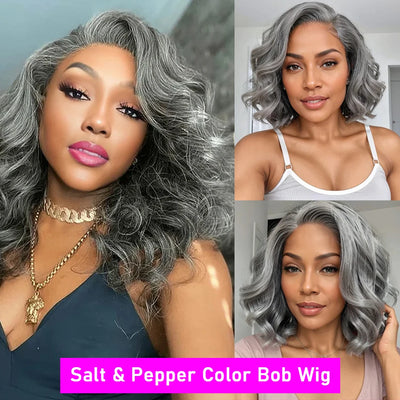 Bob Perücke Salz- und Pfefferfarbe 13x4 5x5 HD Lace Closure Perücke Body Wave Lace Front Perücke vorgezupft 100% Echthaar Lace Frontal Perücke