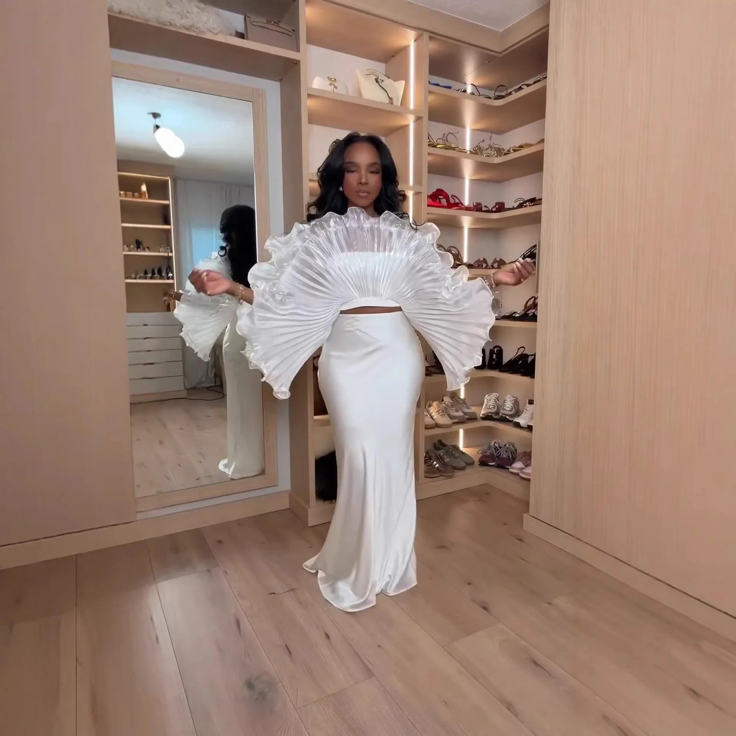 White Pleated Ruffle Crop Top Women Oversized Fan Sleeve Stand Collar Elegant Formal Evening Party Blouse