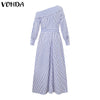 VONDA 2024 Women Elegant Striped Maxi Dress Bohemian Sundress Casual Loose Off Shoulder Long Sleeve Party Vestidos Robe Femme