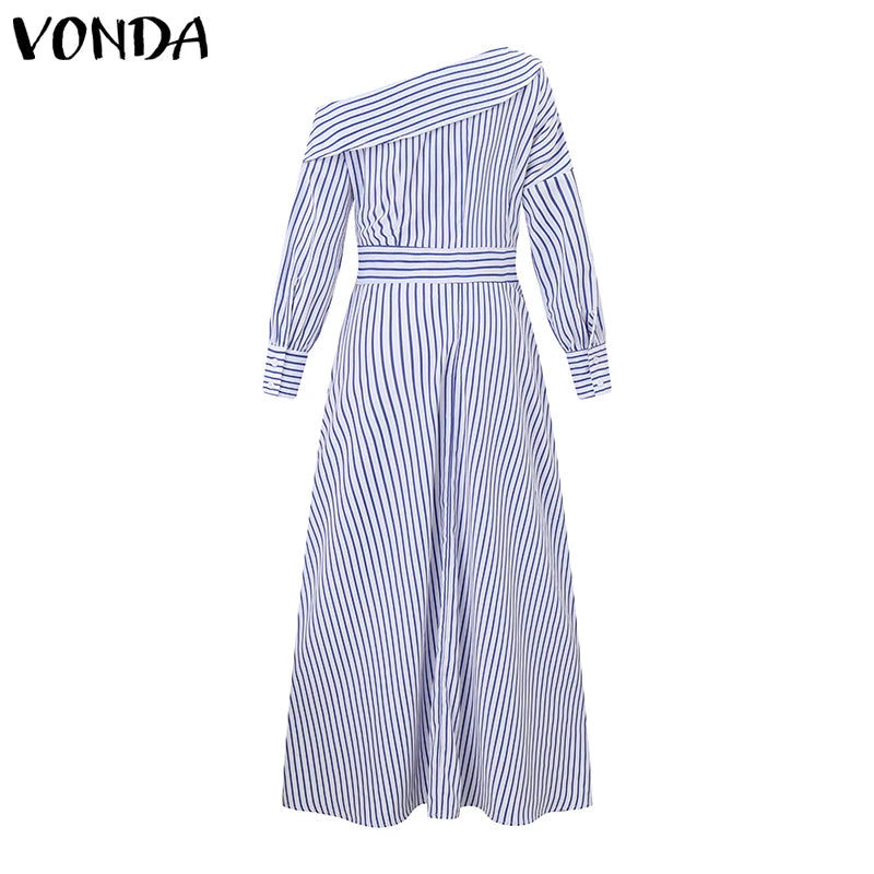 VONDA 2024 Women Elegant Striped Maxi Dress Bohemian Sundress Casual Loose Off Shoulder Long Sleeve Party Vestidos Robe Femme