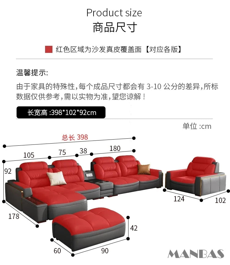 Premium italienische Echtleder-Ecksofas Sofagarnituren mit USB und Bluetooth Lautsprecher – MANBAS Wohnzimmermöbel
