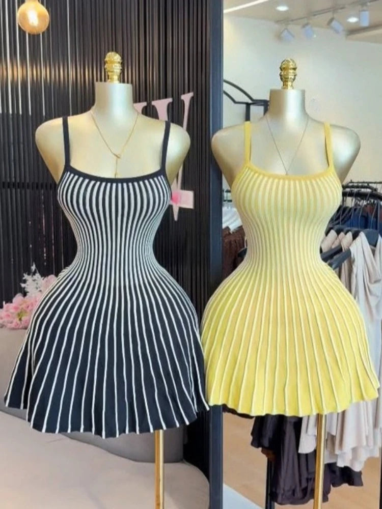 Joskaa 2026 Autumn Retro Striped Knit Dress Women Elegant Pleated Waist Slim Low Cut Sleeveless A-line Slip Dress Streetwear