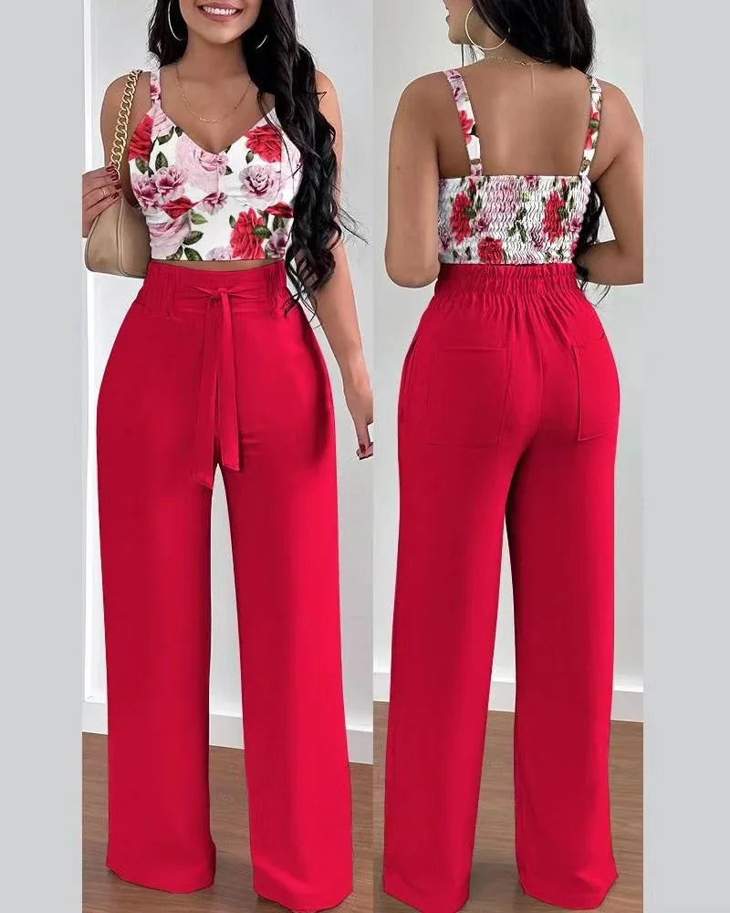 Women Fashion Print Halter V-Neck Short Tank Suit Tops Long Pants Matching Set Summer Casual Female Slim Pants Two Piece Sets