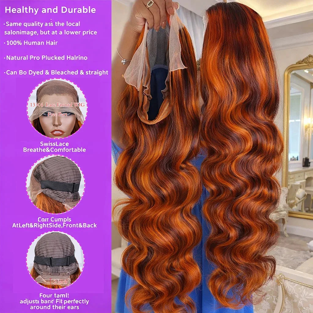 100% Human Hair 4/350 Highlight Ombre Body Wave 13x6 Lace Front Wig Ginger Orange Brown Colored Water Wave 13x4 Lace Frontal Wig