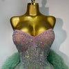 Women Sexy Strapless Backless Green Diamonds Mesh Dress Birthday Party Costume Bar Nightclub Singer Stage Performance Outfit