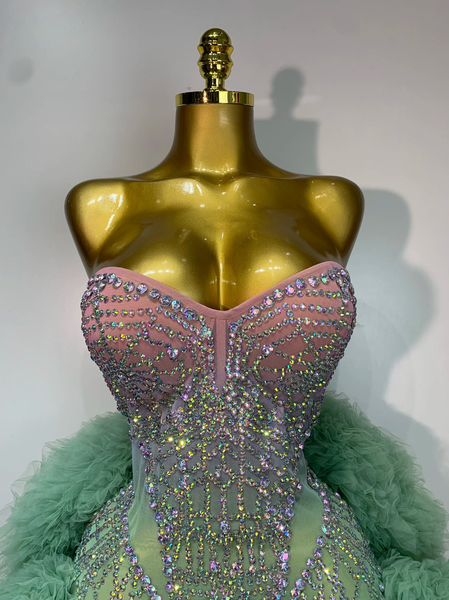 Women Sexy Strapless Backless Green Diamonds Mesh Dress Birthday Party Costume Bar Nightclub Singer Stage Performance Outfit