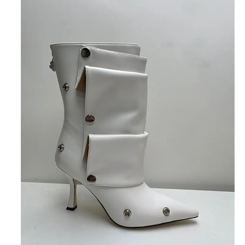 2025 Klassische Damenstiefel mit spitzer Zehe, ausgefallenen Absätzen, Nietenknopf und seitlichem Reißverschluss, einfarbig, hochhackige Schuhe, Botas Altas