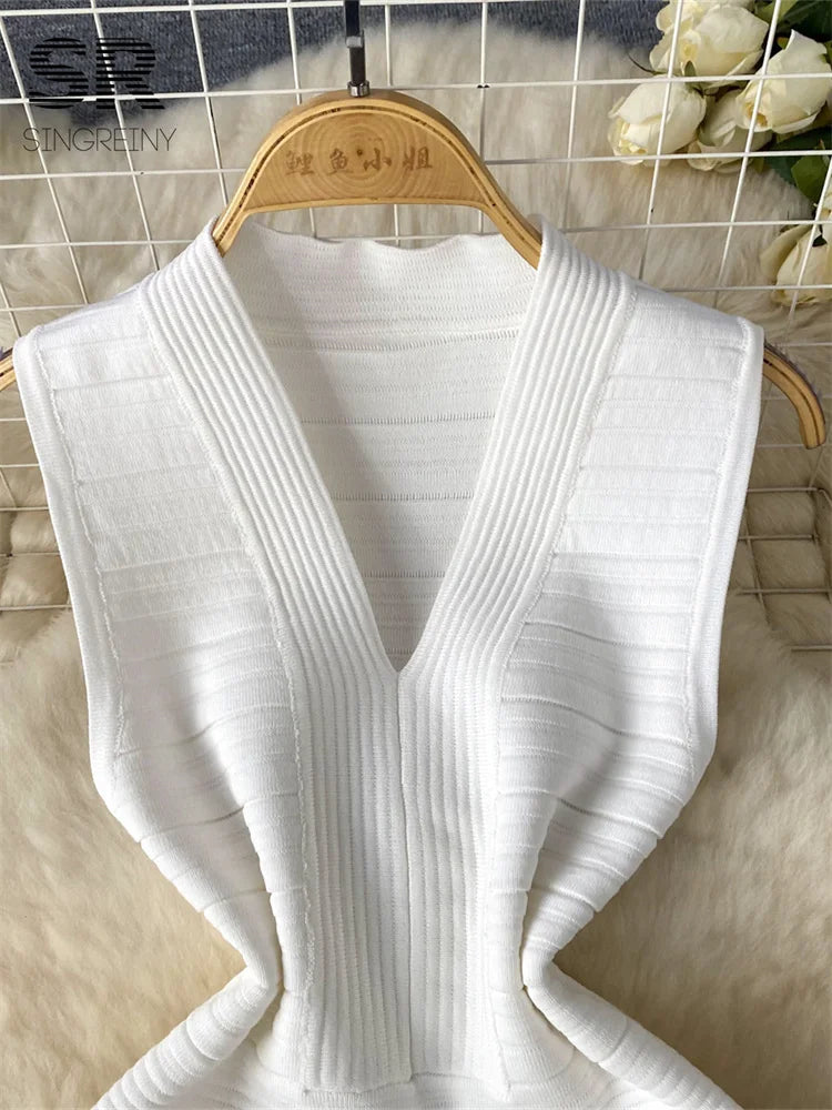 SINGREINY Bodycon Basic Knitting Dress Women Sleeveless V Neck Tank Ladies Elastic Waist Temperament Solid Streetwear Dress