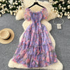 Elegant Slash Neck Vintage Short Puff Sleeve Chic Print Slim Chiffon Dresses French High Street Evening Autumn Mesh Clothing