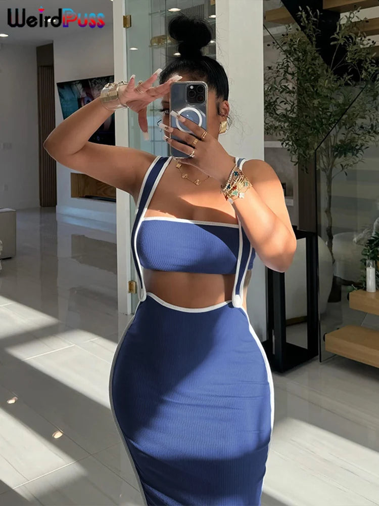 Weird Puss Summer Trend 2-teiliges Set Damen Weißer Saum Trägerloses Oberteil + Trägerkleid Elastische Streetwear-Outfits