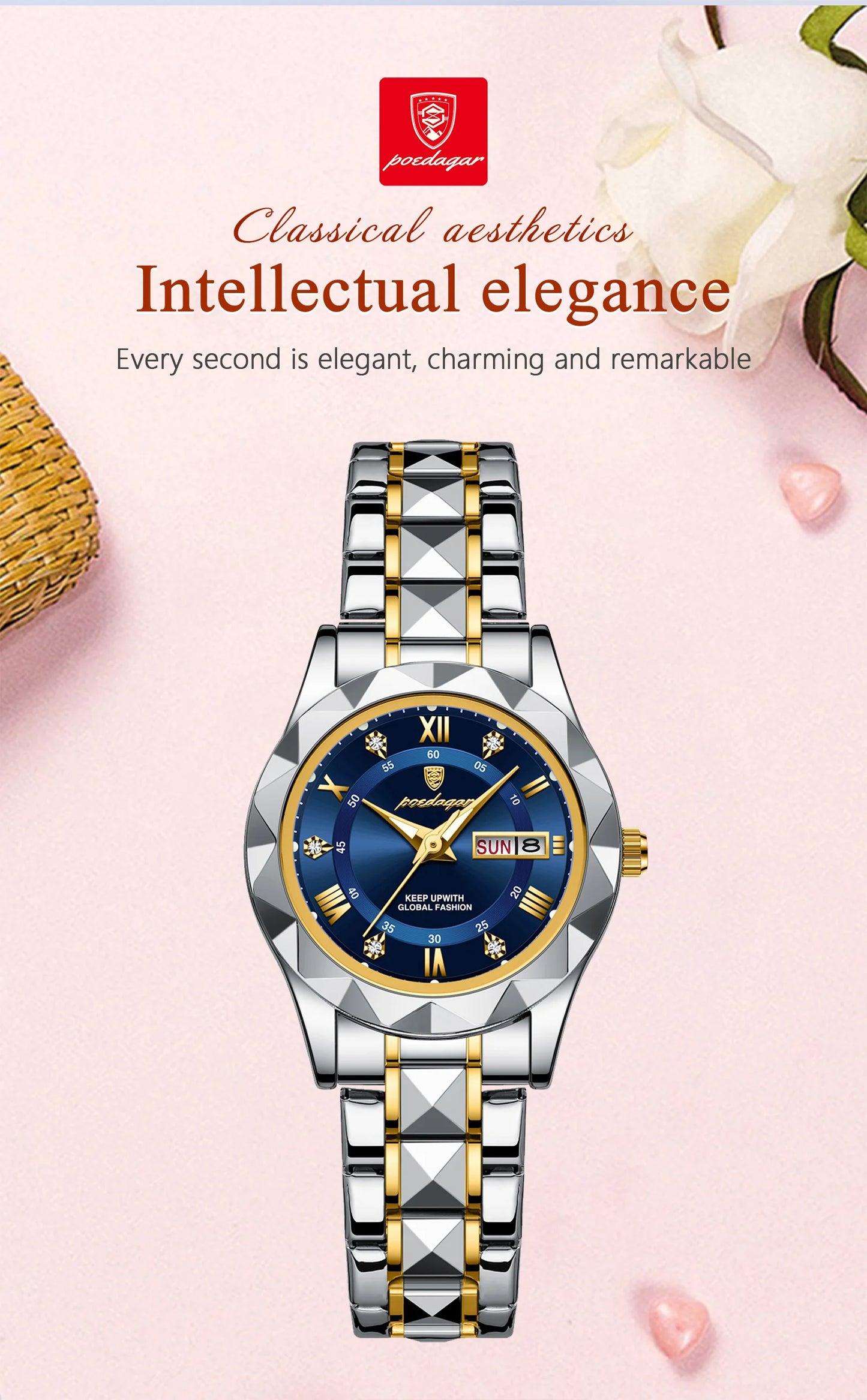 POEDAGAR Luxuriöse Damen-Kleideruhr, leuchtend, wasserdicht, Wochen- und Datumsanzeige, Damenarmbanduhr, Edelstahl-Damenquarzuhr reloj+box