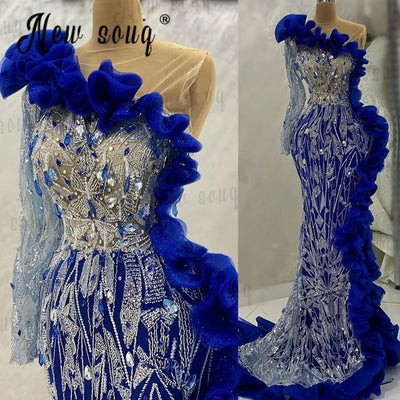 Glitzerndes silbernes Perlen-Abendkleid in Königsblau mit seitlichen Rüschen, elegantem Einzelärmel, Meerjungfrau-Hochzeits-Partykleidern, Vestido De