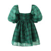 2024 Sweet Green Gingham Plaid Organza Ball Gown Dress Puff Sleeve Retro Women Swing Short Princess Robe Fairy Cake Vestidos