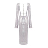 Abendkleid Damen Elegant Pailletten Tiefer V-Ausschnitt Langarm Midikleid Sexy Luxuriös Rückenausschnitt Schnürung Knöchellang Bandage Partykleid
