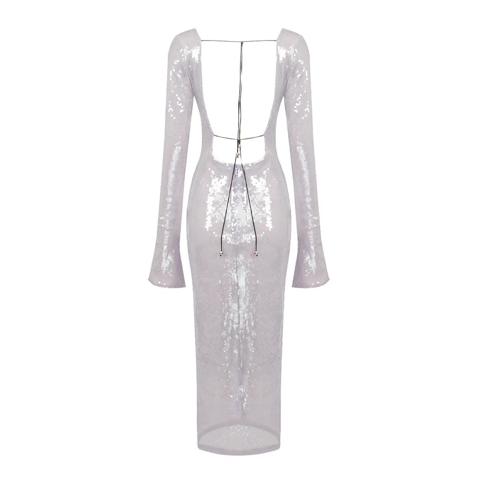 Abendkleid Damen Elegant Pailletten Tiefer V-Ausschnitt Langarm Midikleid Sexy Luxuriös Rückenausschnitt Schnürung Knöchellang Bandage Partykleid