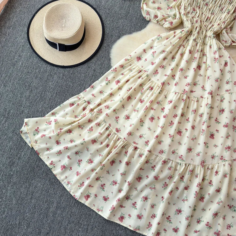 2024 Neues Sommer Blumenmuster Maxikleid Damen Vintage Eckiger Ausschnitt Geraffte Brust Schärpe Bandage Sommerkleid Partykleid