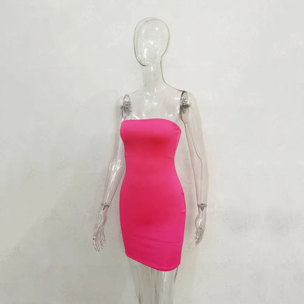 Sexy Trägerloses schulterfreies, pinkfarbenes Bodycon-Kleid für Damen, rückenfreies, schmales Minikleid, Club-Party-Kleider