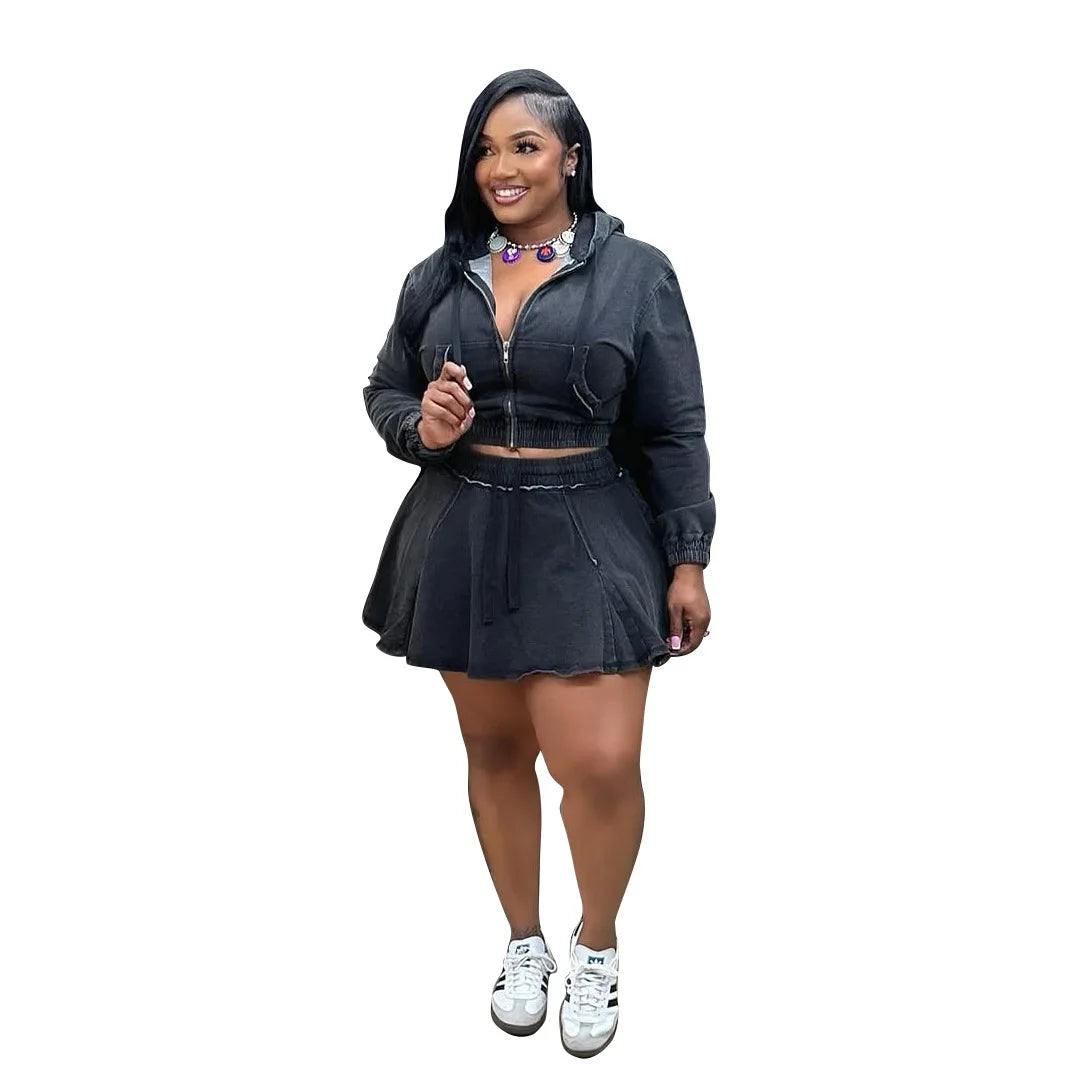 Two Piece Sets Women Denim Skirt Hooded Zipper Tops Short Dress Sets Skirts A Line High Waist Y2k Streetwear Elegant Slim Fit