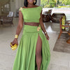 Beyprern Luxury Green Gold Broach Top & Maxi Skirt Set Two-Piece Dress Holiday Outfits Women High Slit Ruched Metal Bubble Dress