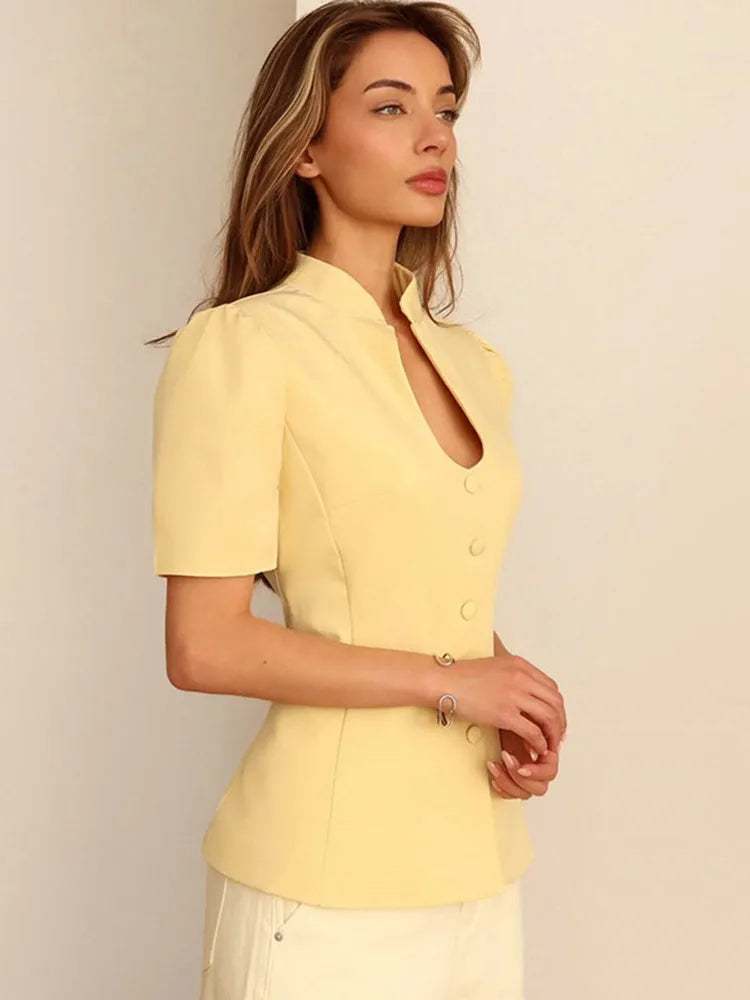 Fashion Women's Stand Collar Blazer Short Sleeve Button Puff Sleeves Solid Lady Top 2025 Summer Autumn Elegant Female Coat