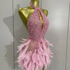 Women Luxury Rhinestones Pearls Feathers Halter Backless Short Dress Women Sexy Celebrate Birthday Dress Nightclub Stage Costume
