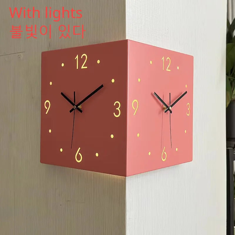 Kreative Lichtsensor Eckwanduhr Quadratisch Einfache Doppelseitige Wanduhr mit arabischer Ziffernskala Analoge Geräuschlose Wanduhr
