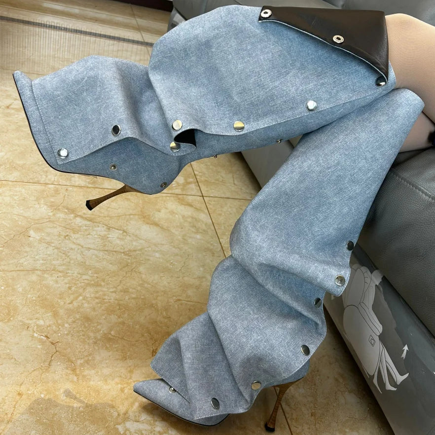 High Heel Long Boots for Women Botte Winter Boots Shoes Botas Mujer Thin Heeled Pointed Denim Metal Button Shoe Zapatos De Mujer