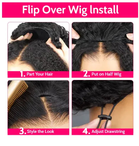 3 IN 1 Flip Over Half Wig With Drawstring Seamless Clip Ins Flip Over Wig 200 Density Glueless Wigs Human Hair For Women wig