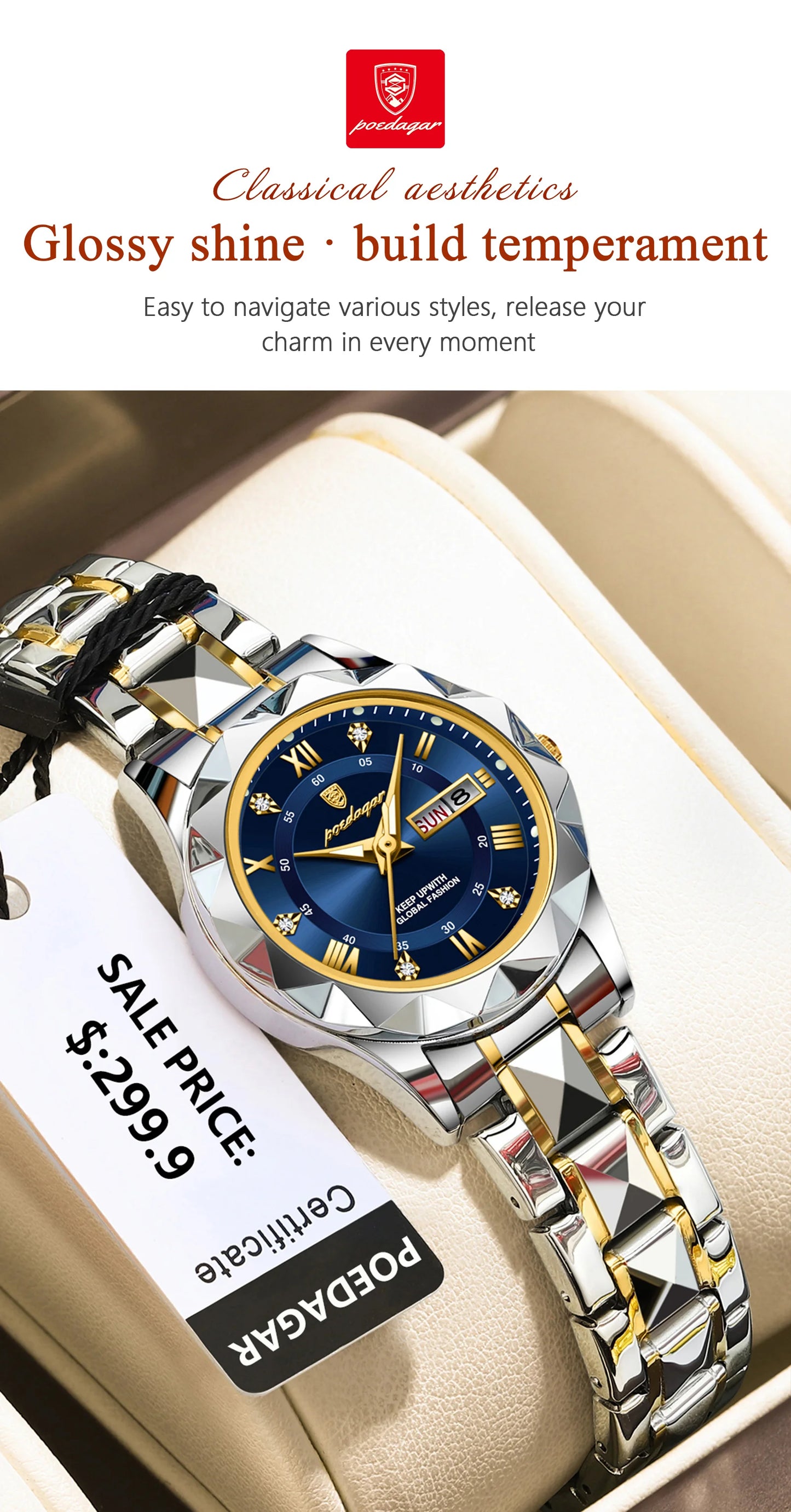 POEDAGAR Luxuriöse Damen-Kleideruhr, leuchtend, wasserdicht, Wochen- und Datumsanzeige, Damenarmbanduhr, Edelstahl-Damenquarzuhr reloj+box