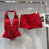 DEAT 2026 Summer New Sexy Hot Girl V-neck Backless Bandage Bowknot Fishbone Halter Top Red Mini Skirt For Women 11B1198