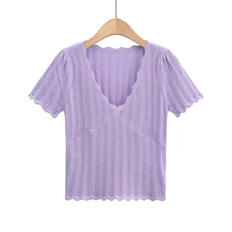 Damen V-Ausschnitt gestricktes Häkel-T-Shirt mit