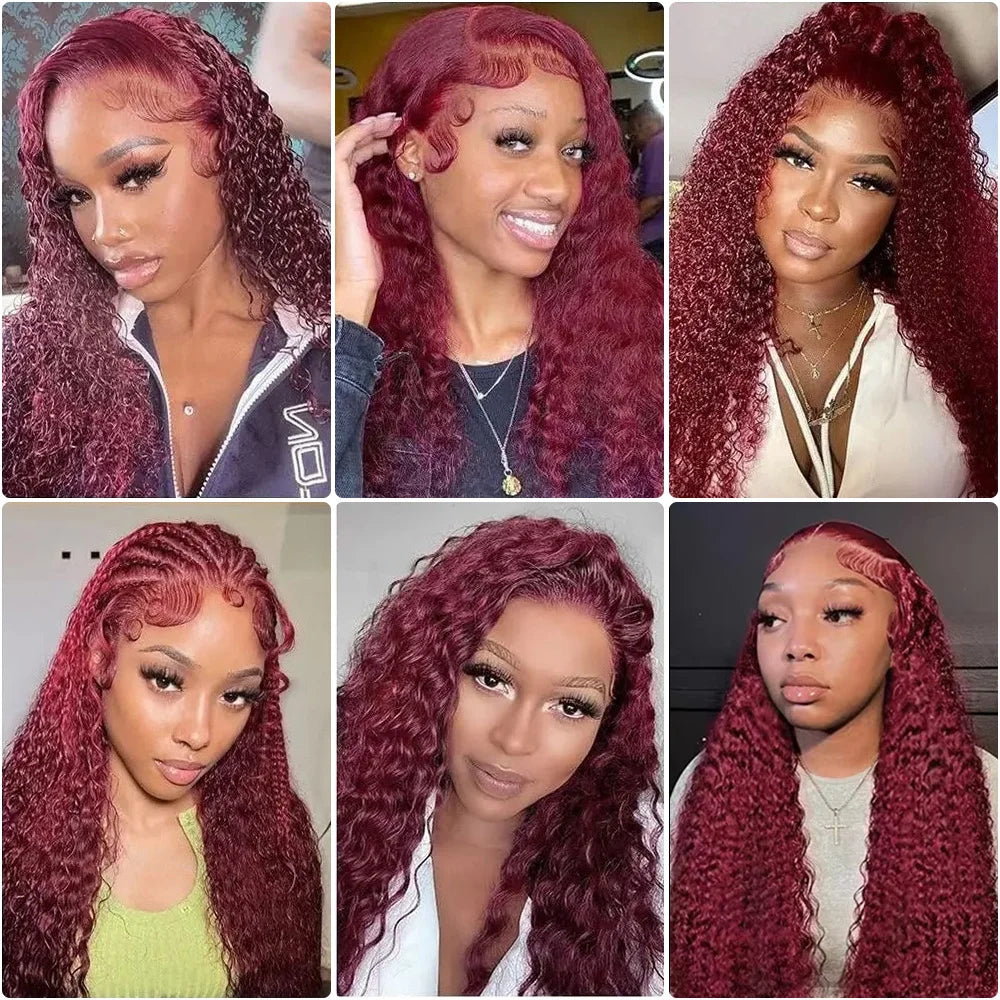 40 Inch Red Colored 13x6 Hd Lace Frontal Human Hair Wigs Pre Plucked 99J Burgundy Water Deep Wave Curly 30 36 40 Inch 13x4 Lace Front Wig For Women