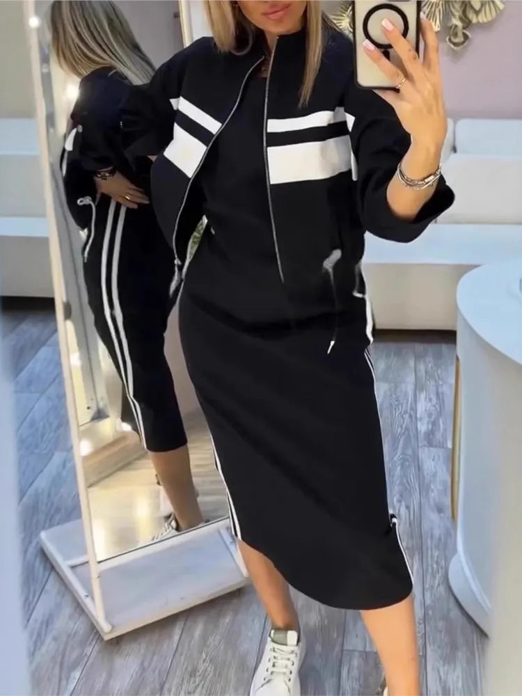 Women's Fashion Color-blocked White Striped Hip-covering Sweatshirt Dress 2piece Set Female Casual Zipper Jacket Coat Dress Suit