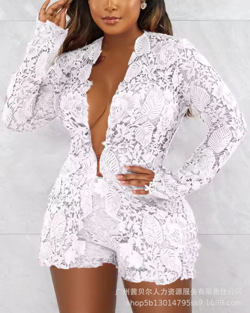 Women Sexy Short Sets Hollow Out Top Lace Spliced Full Sleeve Cardigan Solid Elegant Slim Fit Shirts High Street Summer 2024