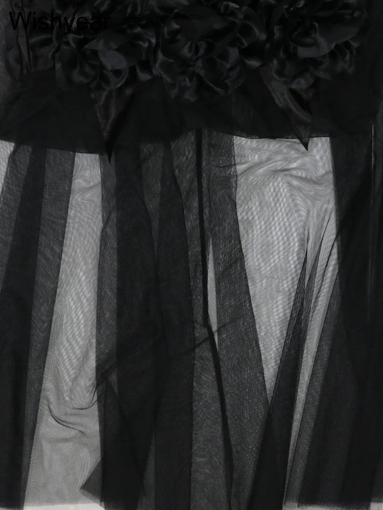 Neues schwarzes Mesh durchsichtiges Blumen-Rüschen-Luxus-Strass-Hochzeitsabend-Meerjungfrauen-langes Kleid Damen Träger Cocktail Geburtstagskleid