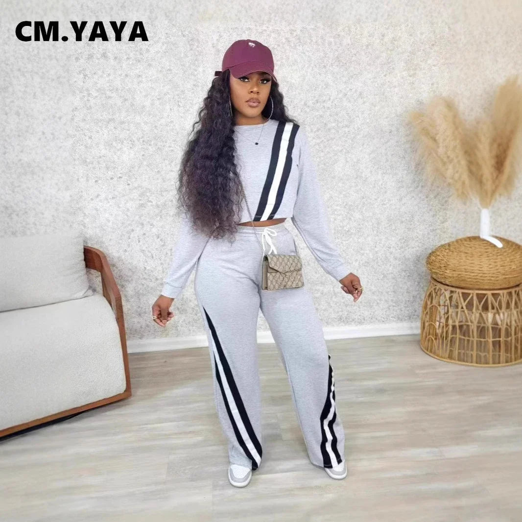 CM.YAYA Fashion Striped Splicing Women's Set Long Sleeve Sweatshirt and Sweat Pants Tracksuit 2024 Winter Two 2 Piece Set Outfit