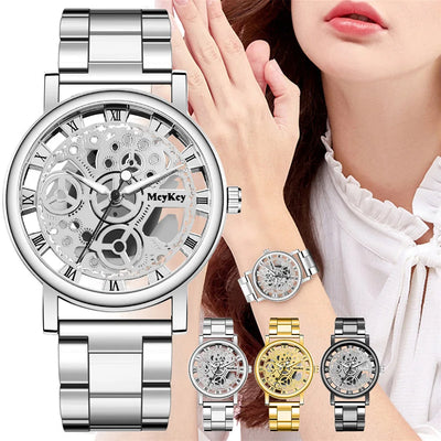 Neues Mode-Top für Damen: Hohles Skelett, künstliche Mechanik, Uhr, Damen-Metallgitter, Quarz-Armbanduhr für Frauen, Relogio Feminino