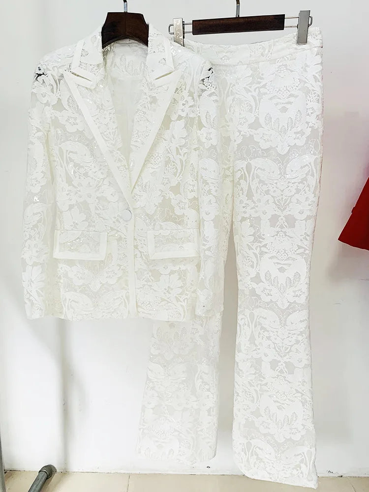 HIGH STREET Newest 2026 Designer Runway Suit Set Women's Single Button Guipure Lace Sequined Blazer Pants Suit